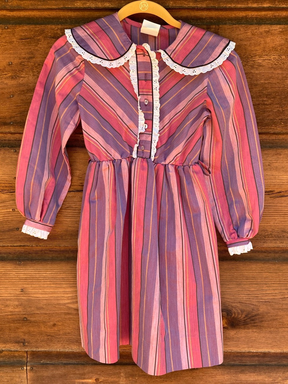 Vintage Girl's Striped Dress Lace Trim Peter Pan Collar